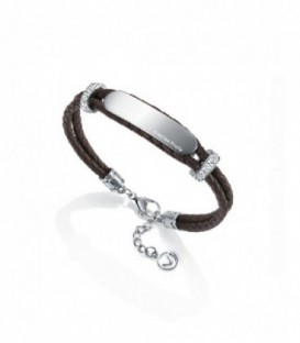 Pulsera de cuero trenzado Marron y placa de Acero plateado Circonitas - 75033P01011