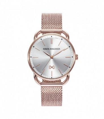 Reloj de Mujer Mark Maddox Midtown tres agujas, caja de acero con IP rosa. Esfera gris, indicadores rosas y malla milanesa. -