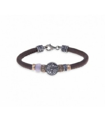 Pulsera en piel de 5 mm color Marrón con entrepiezas de Plata 925, bronce, donut facetado de Cuarzo Rosa - WB238X