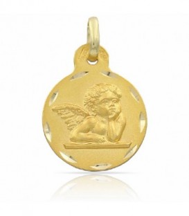 Medalla Ángel de la guarda en Oro de 18 Kl con borde tallado y forma redonda diámetro de 15 mm. - M545